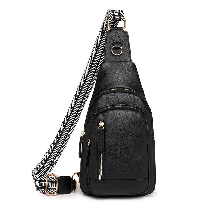 Women's soft brown PU messenger chest bag with crossbody strap and zip compartments.