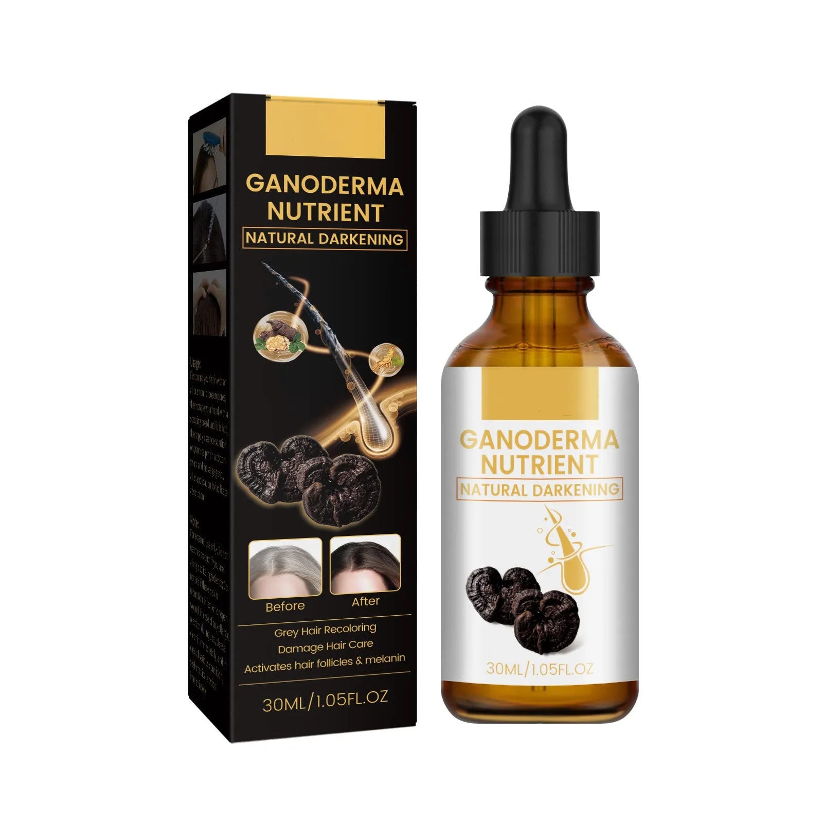30ml Black Ganoderma hair lotion bottle for follicle activation and melanin support