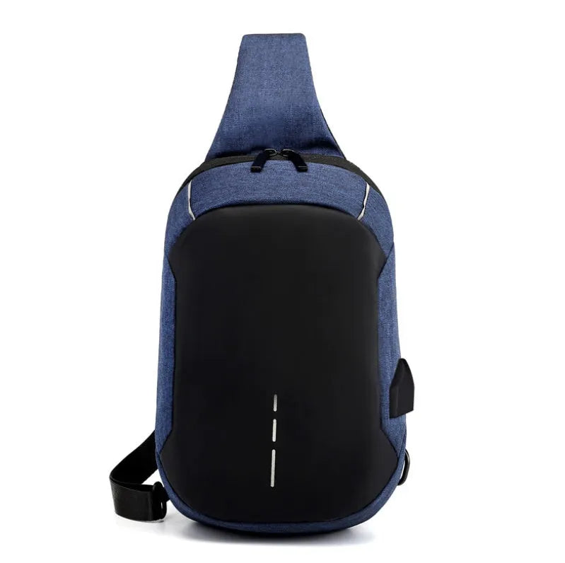 Dark blue Oxford cloth chest bag with adjustable strap, worn across the chest, showing front zipper and square shape.