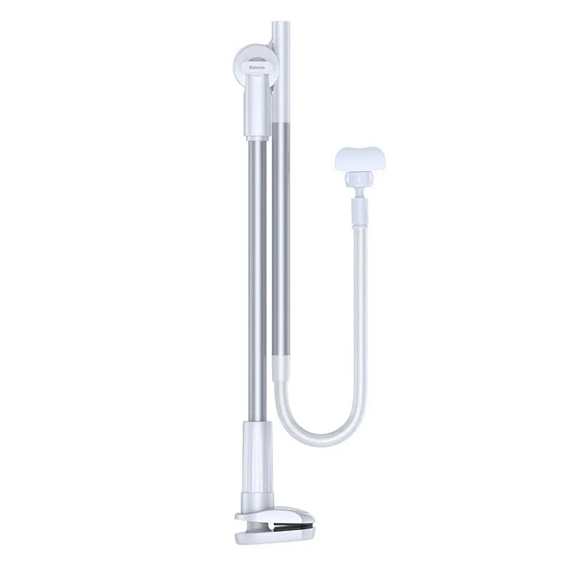 Lazy phone holder in black or white with aluminium alloy clamp 64-90mm and 90mm base clip for table or bed head