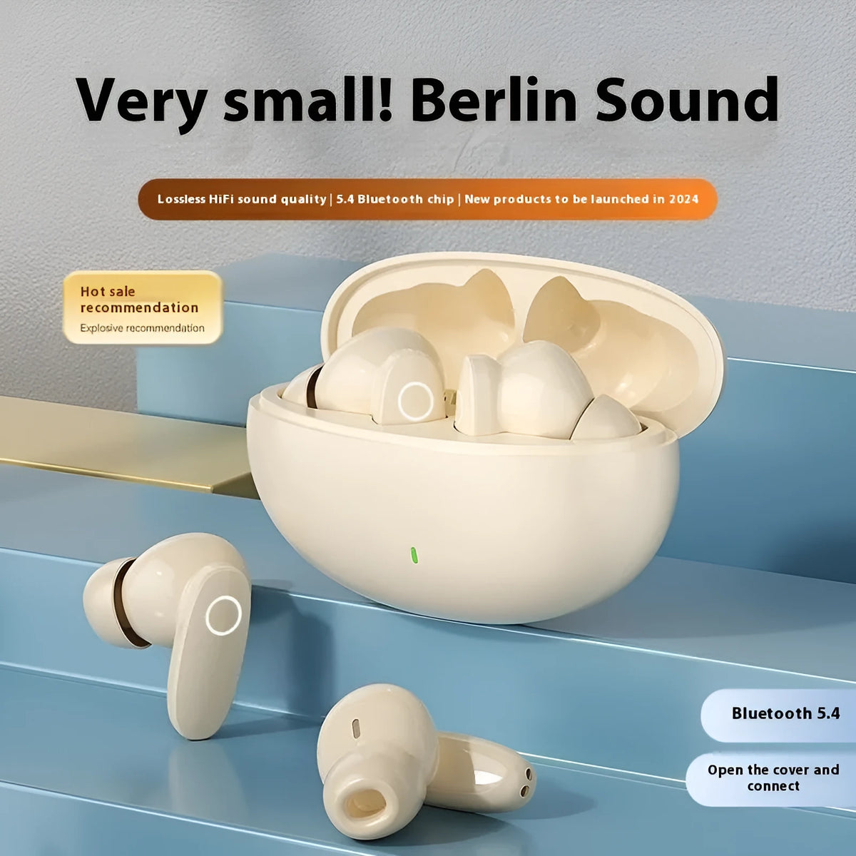 Wireless Bluetooth in-ear sports headset in black, white, or skin colour with 10-metre range and 4-8 hour battery.
