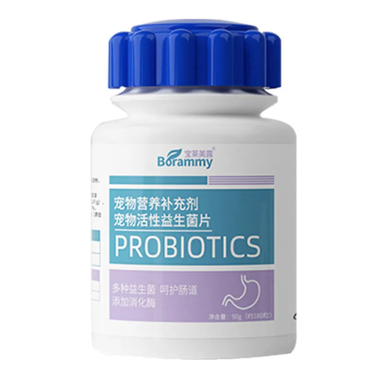 Bottle of 180 pet probiotic tablets for dog and cat digestive health care.