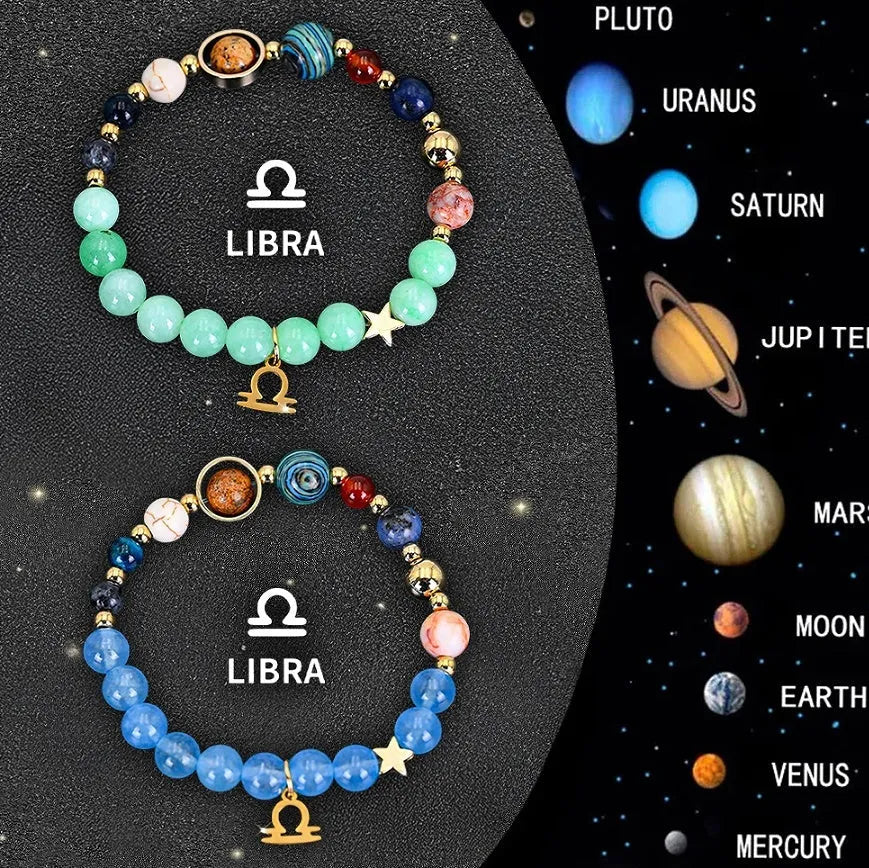Set of two natural stone beaded bracelets showing zodiac sign designs on a wooden surface.