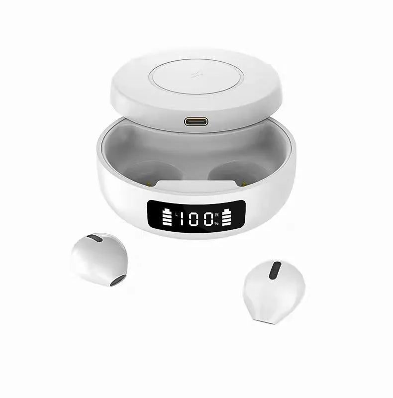 Mini small semi-in-ear wireless headphones in black, colour, or white with charging compartment.