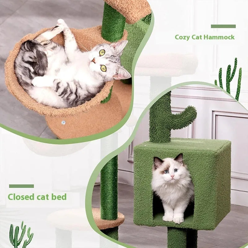 Wooden cat climbing frame with shelf and jumping platform in cactus green, 43x33x87cm dimensions
