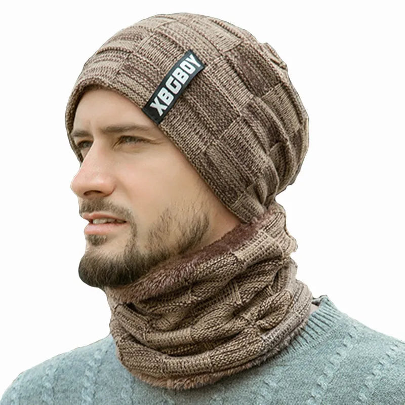 Wool knit hat and collar set in Black, Grey, Khaki, Navy and Wine Red with unisex warp knit design