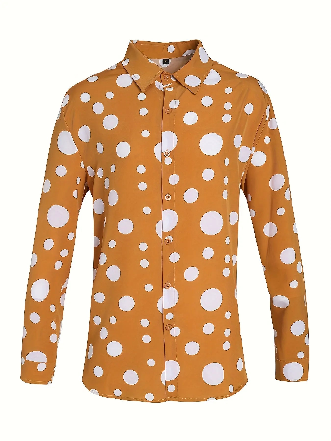 Men's warm orange long-sleeved shirt with white polka dot print and classic lapel collar