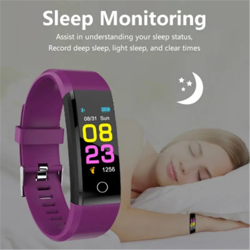 Smart wristband fitness tracker with 0.96in colour LED screen, heart rate monitor, TPU band, available in Black, Blue, Green, Purple and Red.