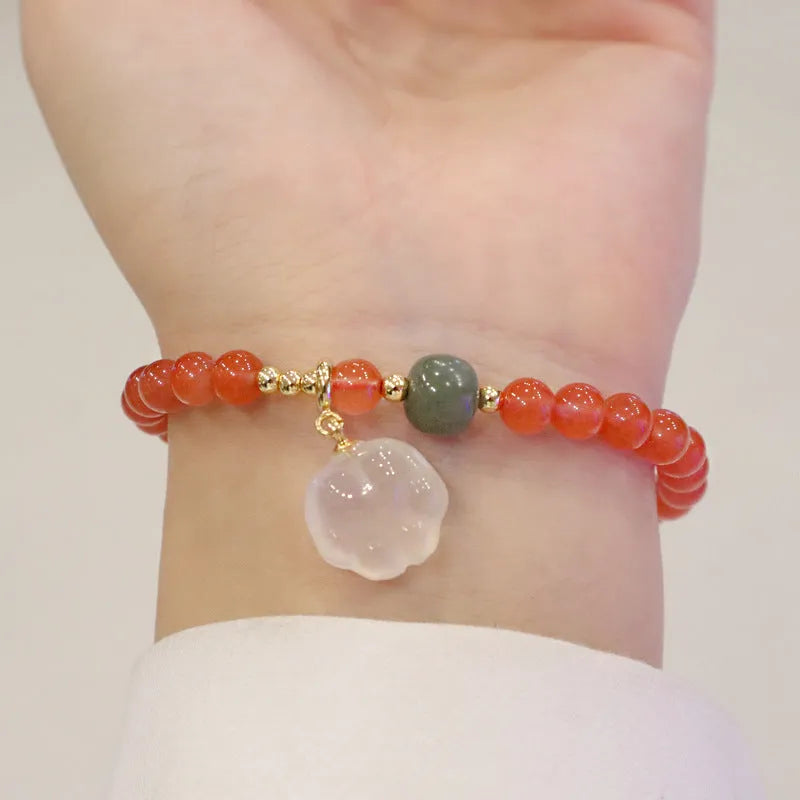 Natural red agate bracelet with zodiac animal and cat paw charms, gem inlays, 8mm bead size
