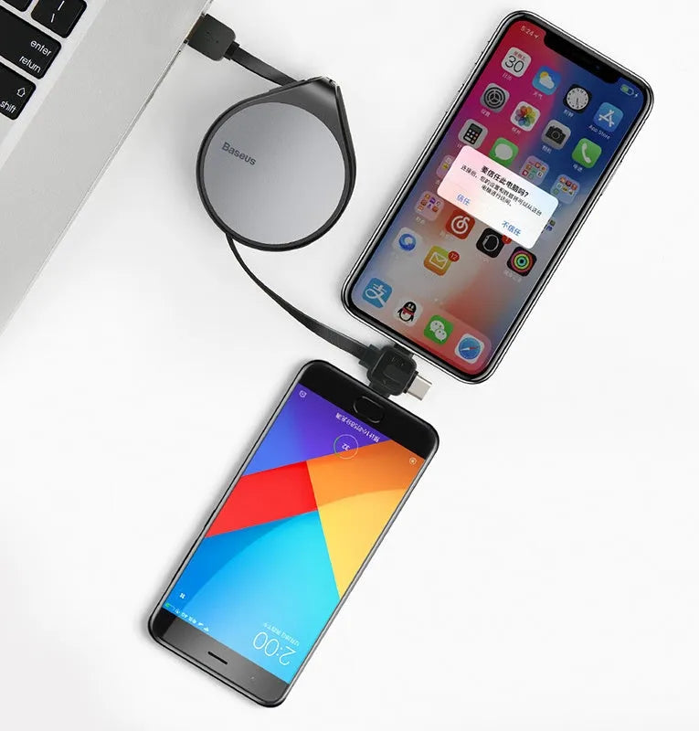 Black telescopic three-in-one fast charging data cable extended to 1 metre with split connector