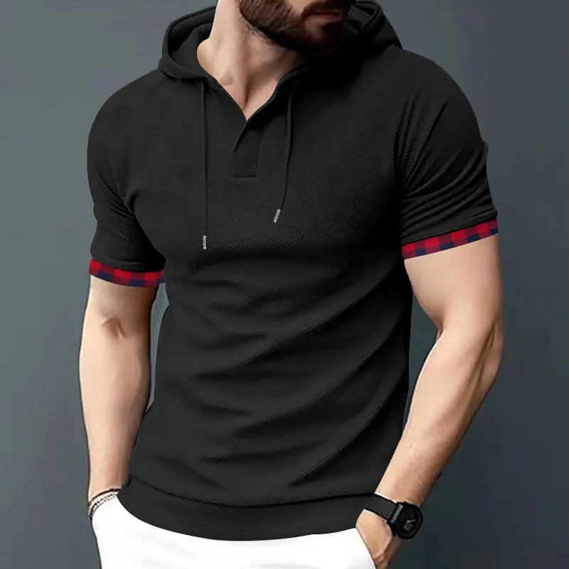 Men's short sleeve sport casual hooded top in solid colour polyester blend – shown in royal blue on a male model.