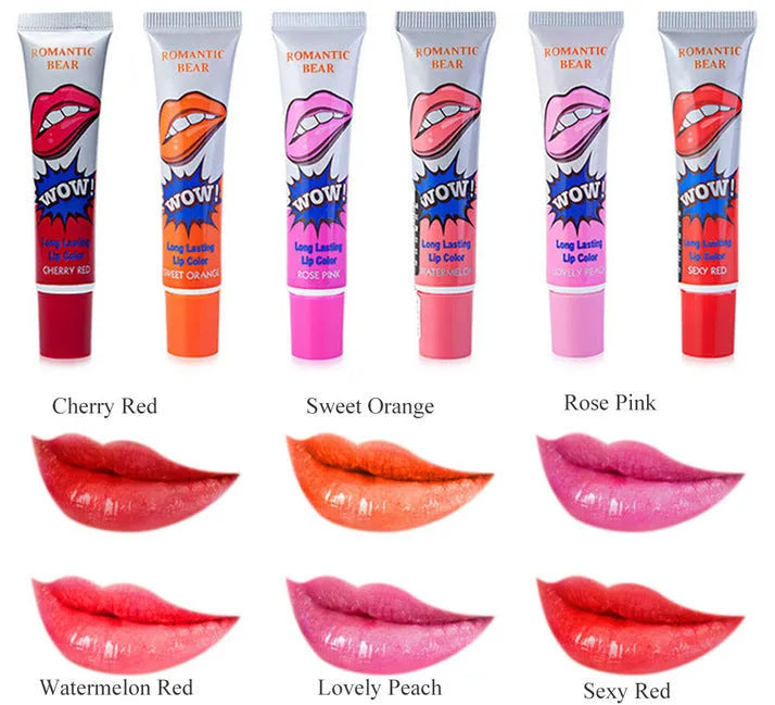 Set of six peel off liquid lipstick colours in Rose Pink, Cherry Red, Sex Red, Watermelon, Lovely Peach, and Sweet Orange