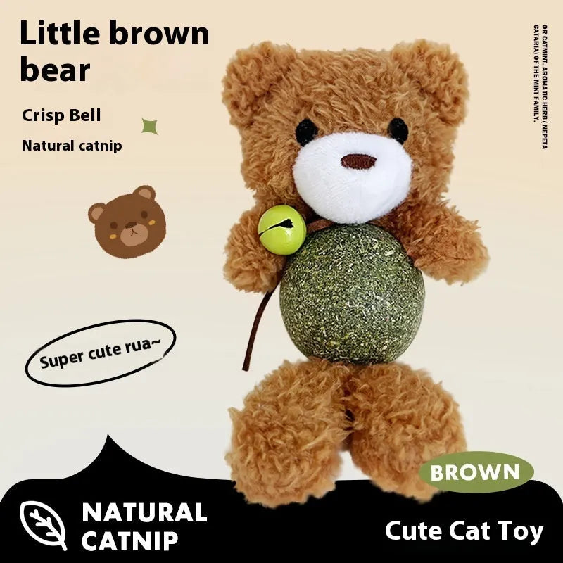 Plush catnip toy shaped as a character, showing a bell inside and a mint ball, with dimensions 15cm by 7cm.
