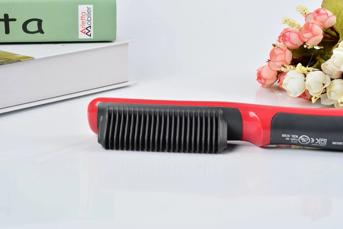 Straight hair comb with ceramic heated brush and ion technology in black and red