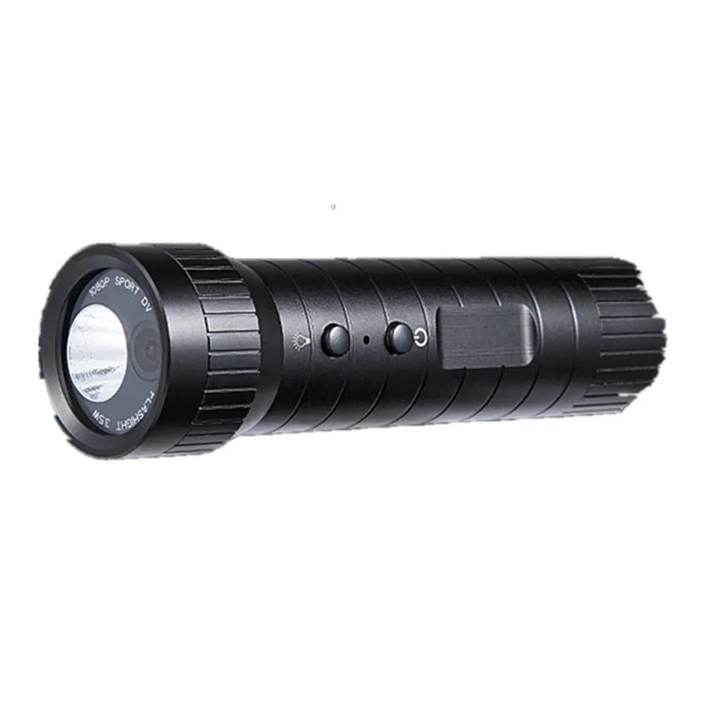 DV3000 black metal sports camera with flashlight and wide-angle lens on a dark background