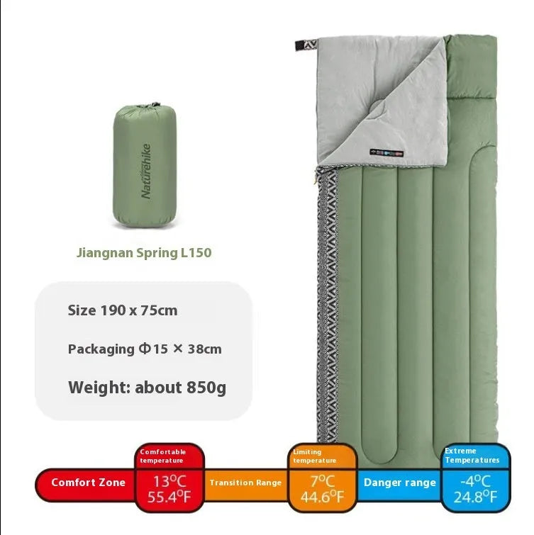 Portable adult camping sleeping bag in colours Jiangnan Spring, crystalline glaze, and swamp with storage bag.