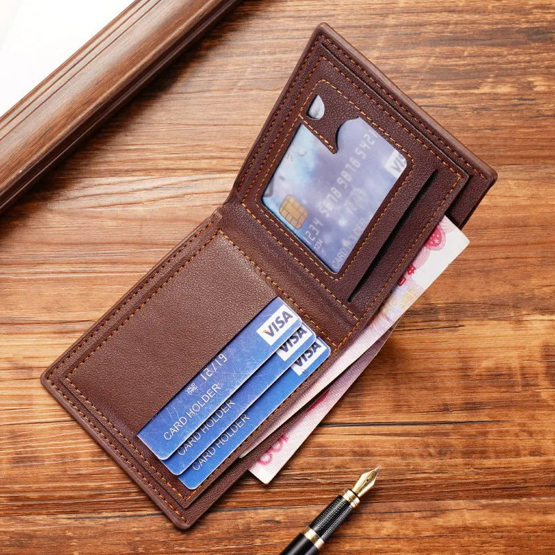 Men's three-fold horizontal PU leather wallet with multiple card slots in black, brown or dark coffee
