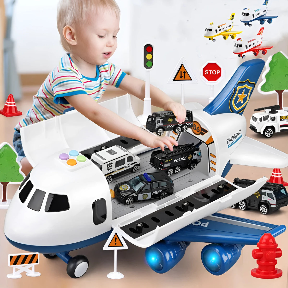 Children's toy plane set with 1 aircraft, 6 alloy cars and 11 road signs, 36x40x19.5cm, lights and sounds, model HS1806