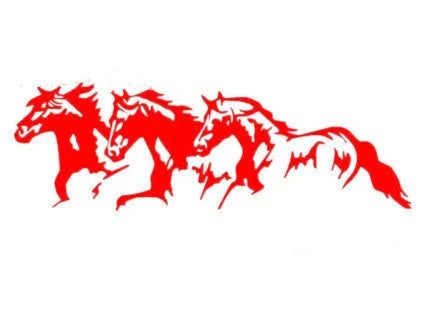 Black, white, red, and blue Three Horses vehicle decal sticker measuring 25 by 8 cm.