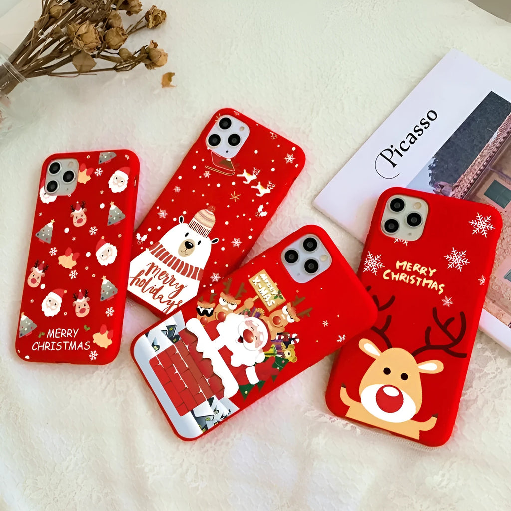 Christmas red frosted TPU phone case with cartoon animal and floral design for iPhone