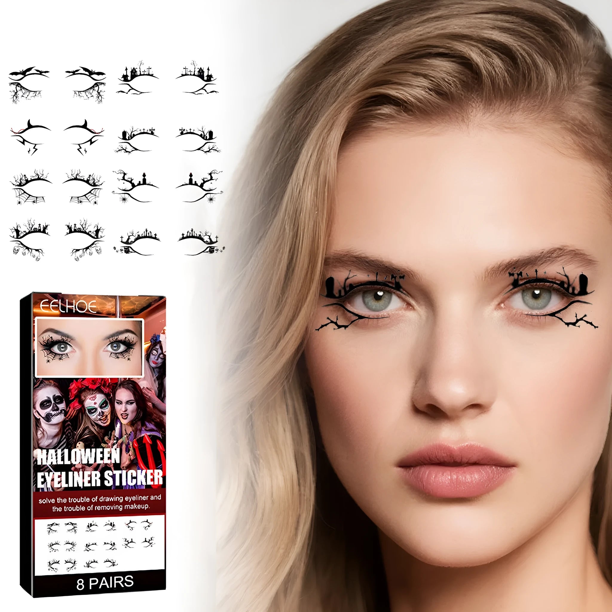 Bat and spider decorative eyeliner stickers set with 8 pairs for theatrical makeup