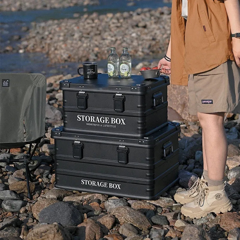 Waterproof vehicle-mounted storage box in Army Green, shown in medium size dimensions.