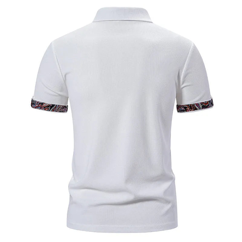 Men's navy blue cotton blend polo shirt with a turnover collar and short sleeves on a hanger.