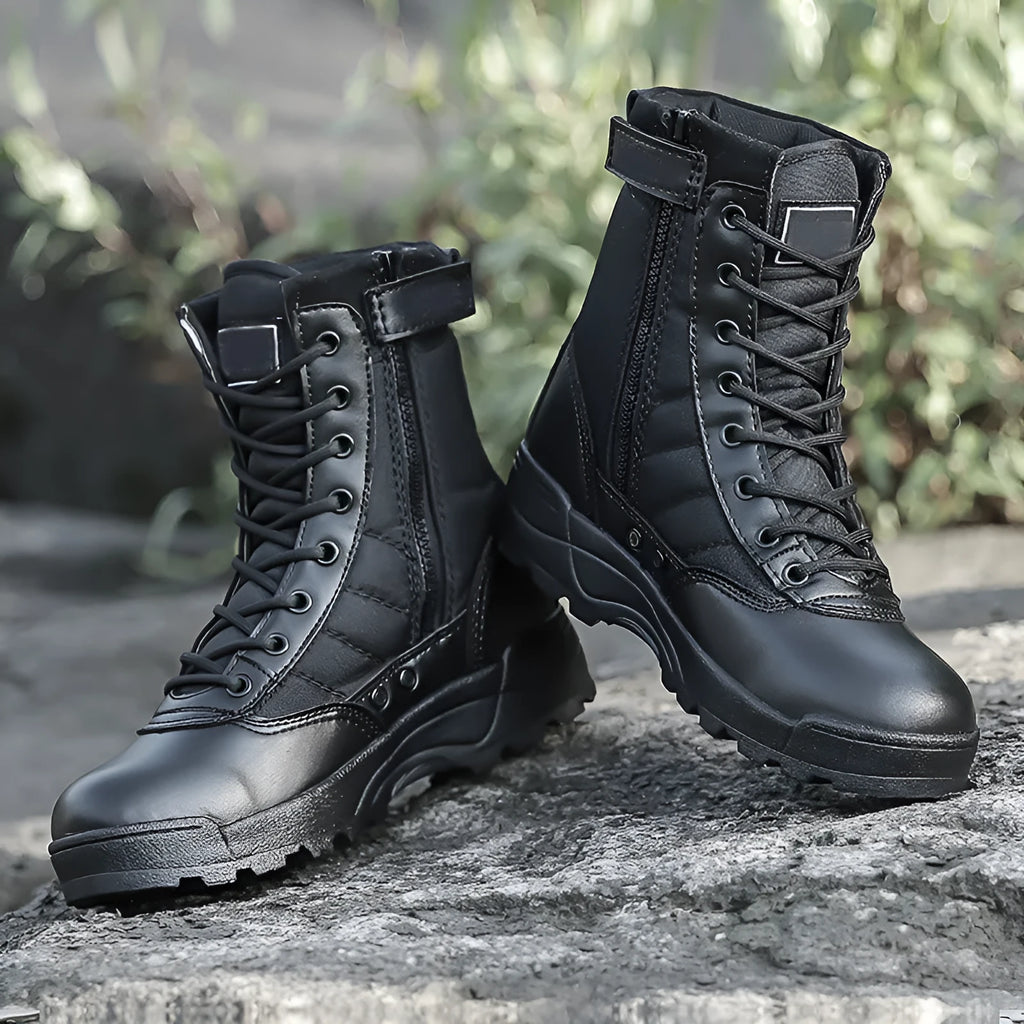 Men's microfiber leather desert combat boots in black and sand for hiking and outdoor sports