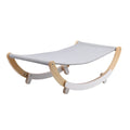 Solid wood cat bed with grey cloth cushion and anti-slip mat base, raised off-ground design