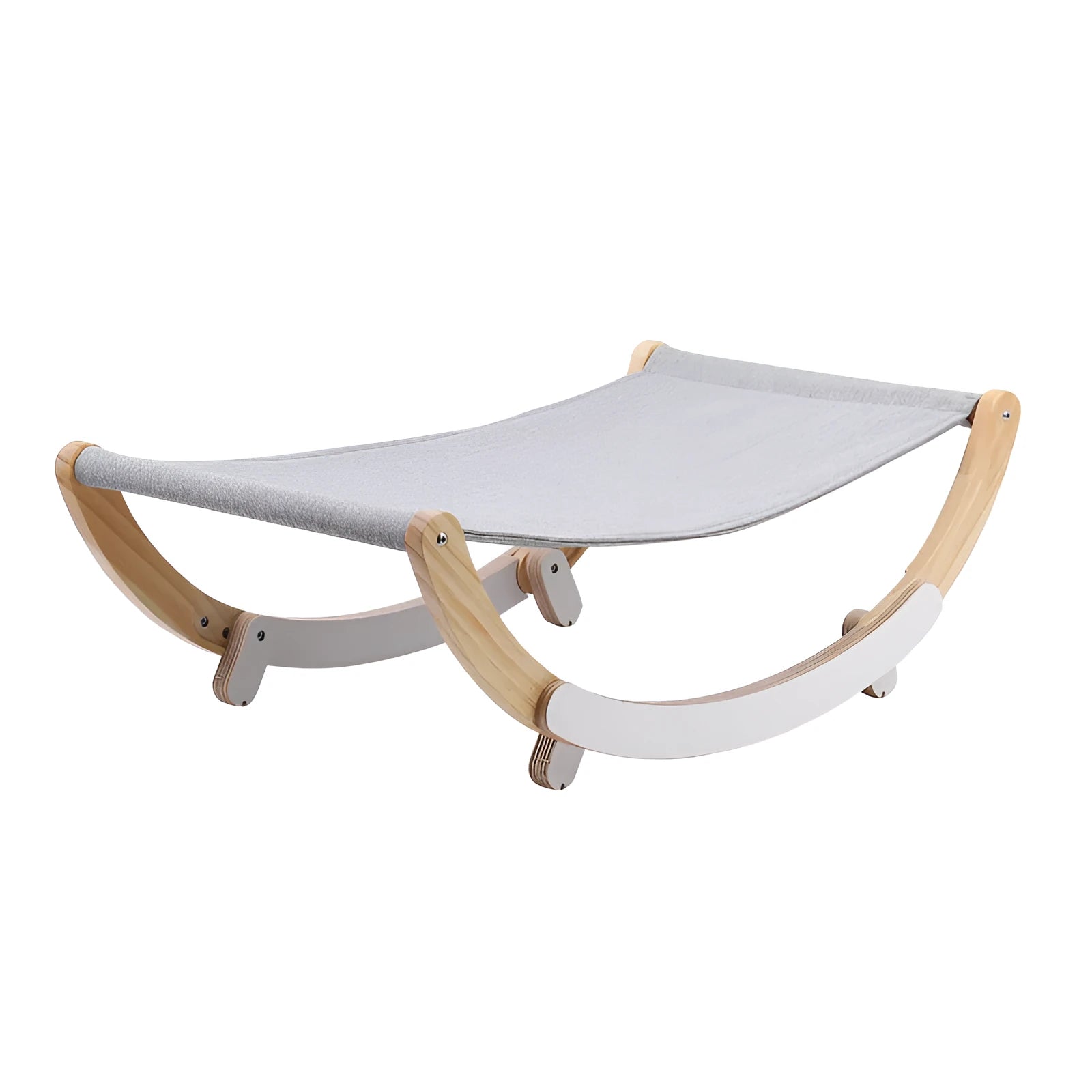 Solid wood cat bed with grey cloth cushion and anti-slip mat base, raised off-ground design