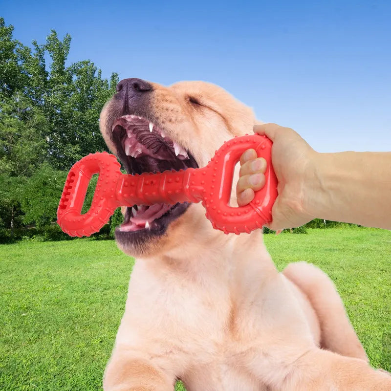 Blue dog bone toy with pull band for aggressive chewers