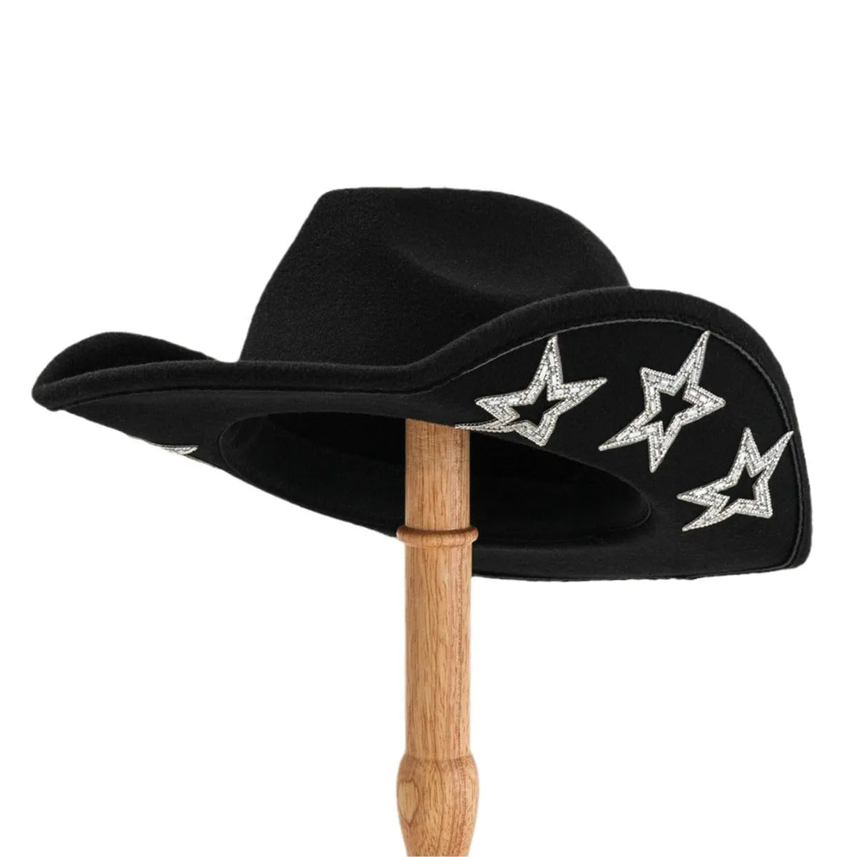 Beige woolen felt western denim top hat with a conical crown and a hexagonal star decoration on the front.