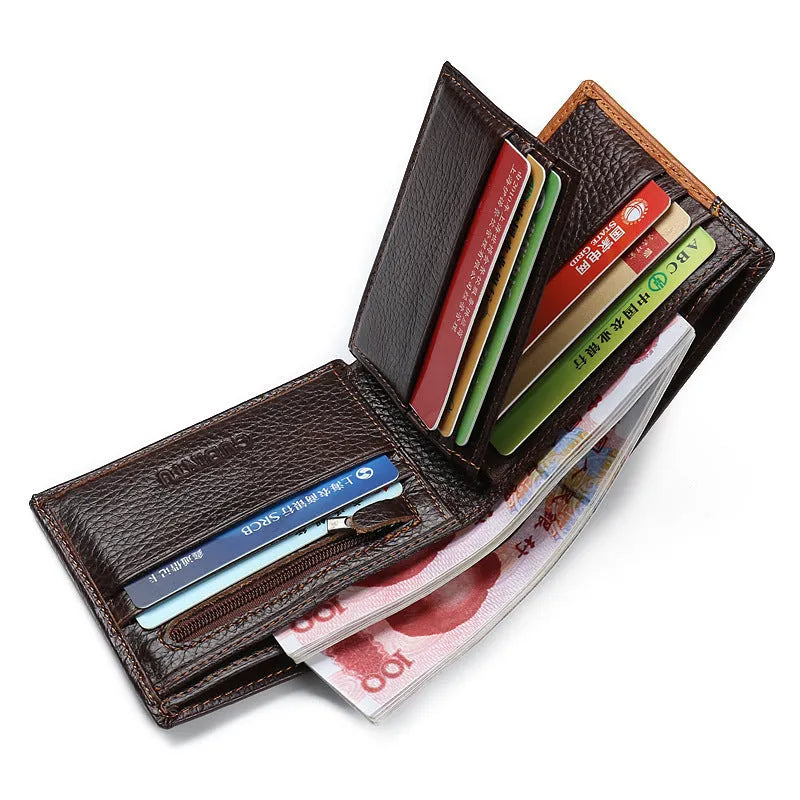 Horizontal soft cowhide men's wallet open to show bill holder, card slots, and zippered coin compartment with contrast stitching.