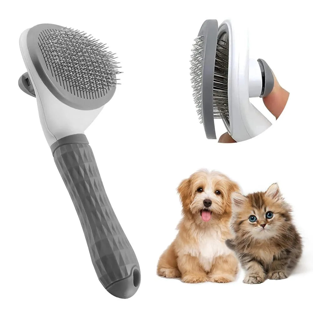 Blue cat grooming brush with release button for removing loose fur on indoor cats