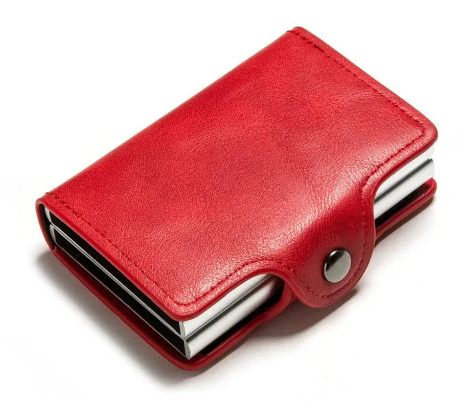RFID blocking mini money clip wallet with 14 card slots, PU crazy horse leather finish and aluminium, 10x6.8x2.5cm