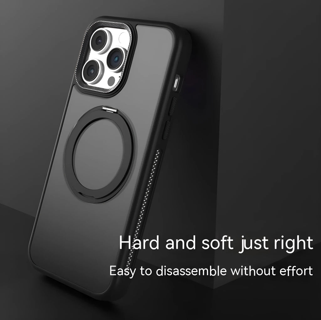 Rotating bracket magnetic suction iPhone case in deep sea blue, showing frosted silicone finish and integrated stand.