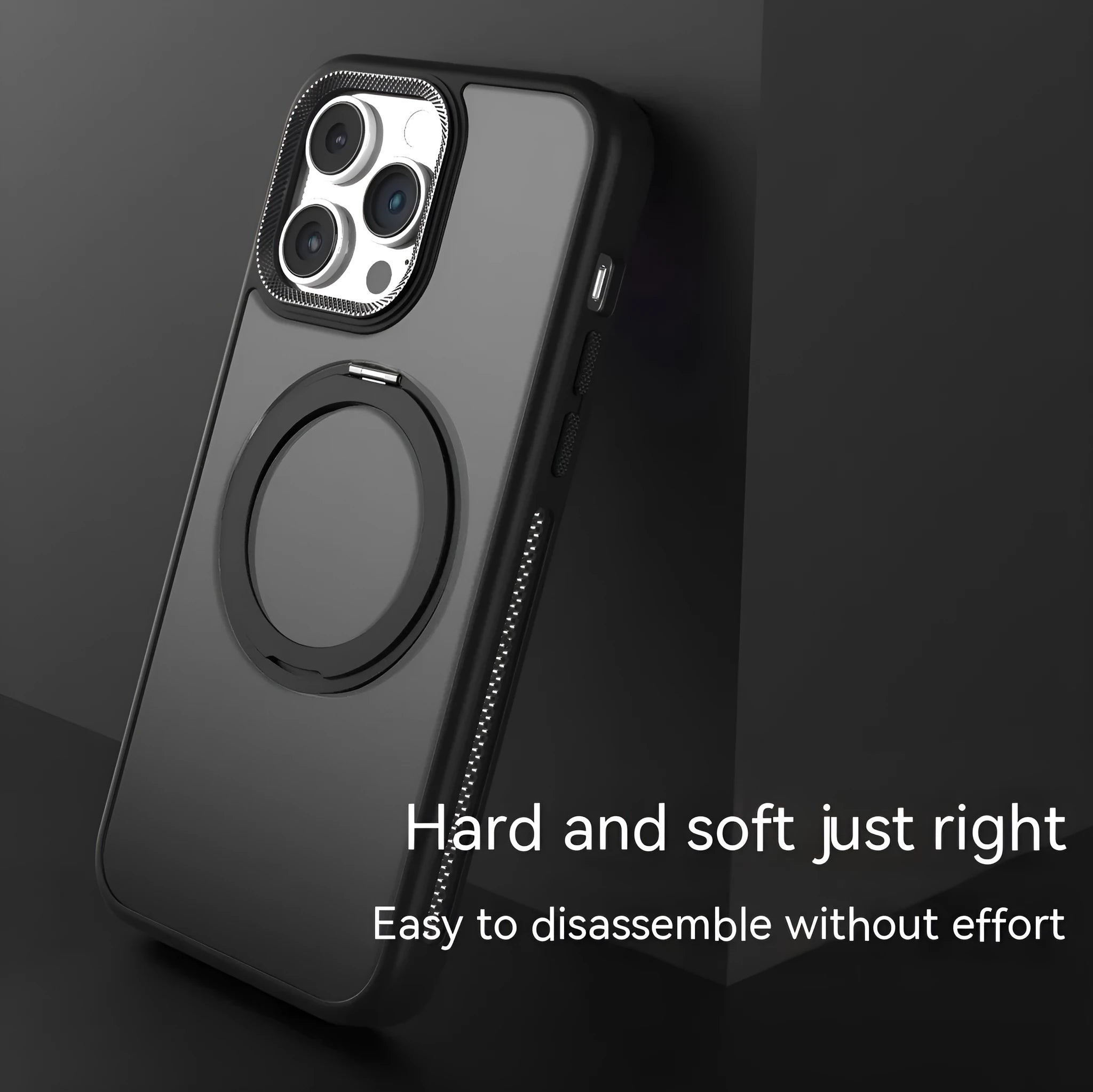 Rotating bracket magnetic suction iPhone case in deep sea blue, showing frosted silicone finish and integrated stand.