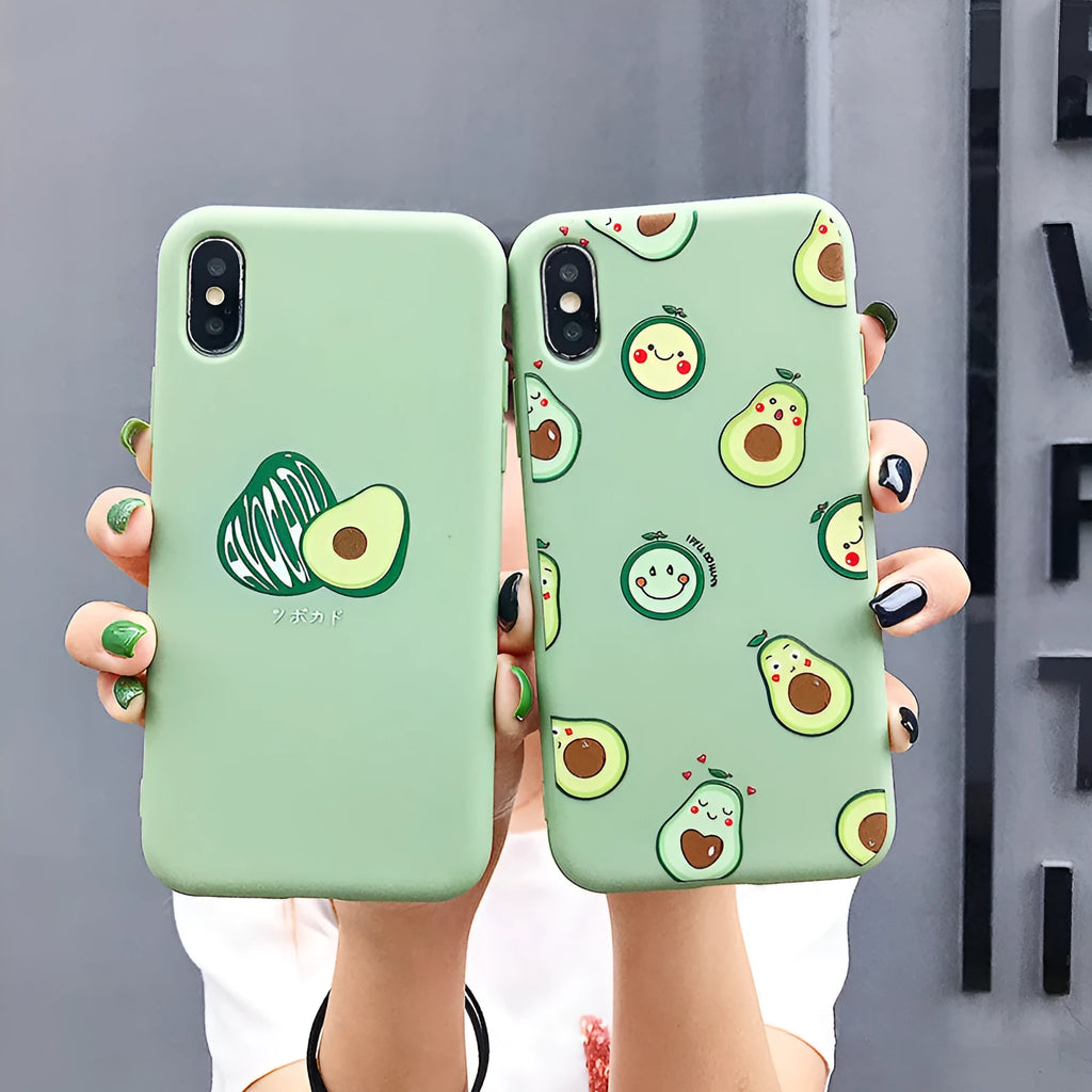 Green silicone TPU phone case with a colourful cartoon avocado design on the back, for Apple iPhone.