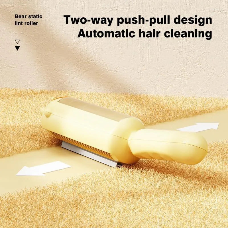 Blue pet hair remover tool with a self-cleaning base on a fabric sofa.