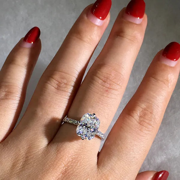 Women's moissanite princess cut ring with four-prong setting, white gold colour copper band, sizes 6 to 10