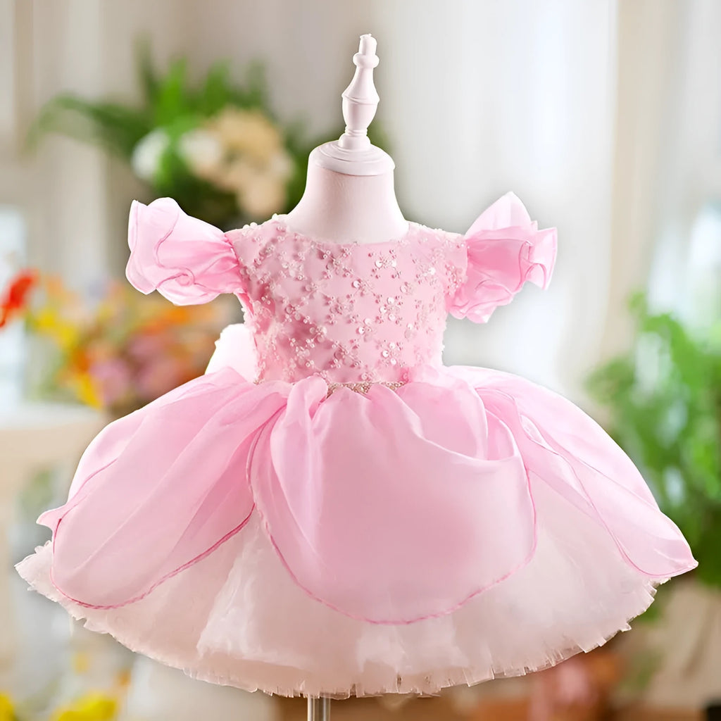 Children flounced sleeve pettiskirt birthday dress in MHA102 pink for girls 80-160cm