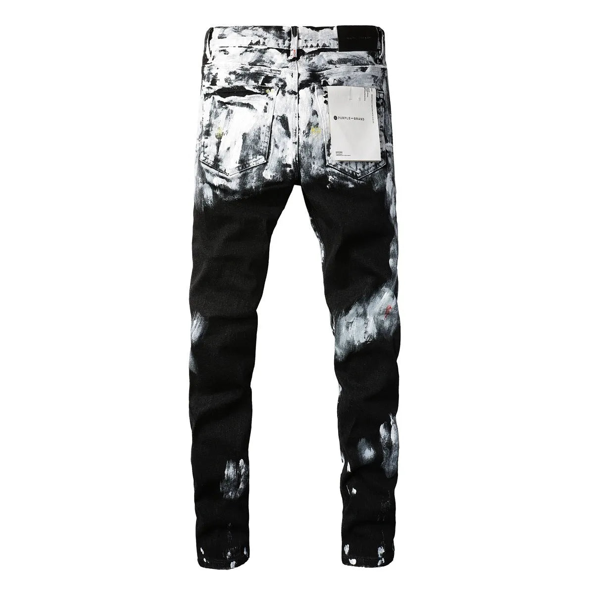 Purple Brand blue denim jeans with crumpled finish, button fly, and skinny fit on a model