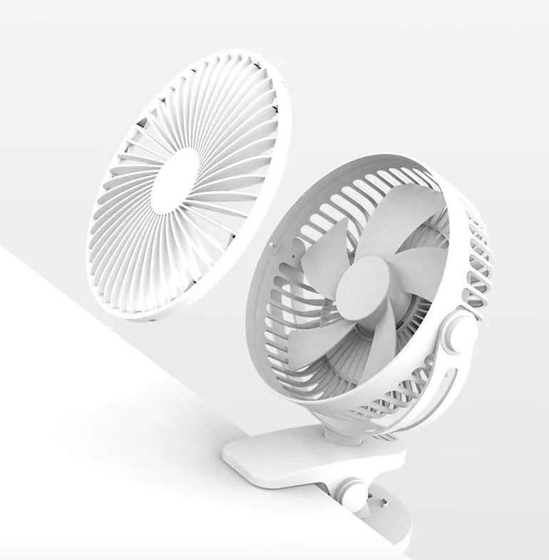 USB mini clip fan in green, with 135mm blade, clipped to a desk edge, showing USB cable connection