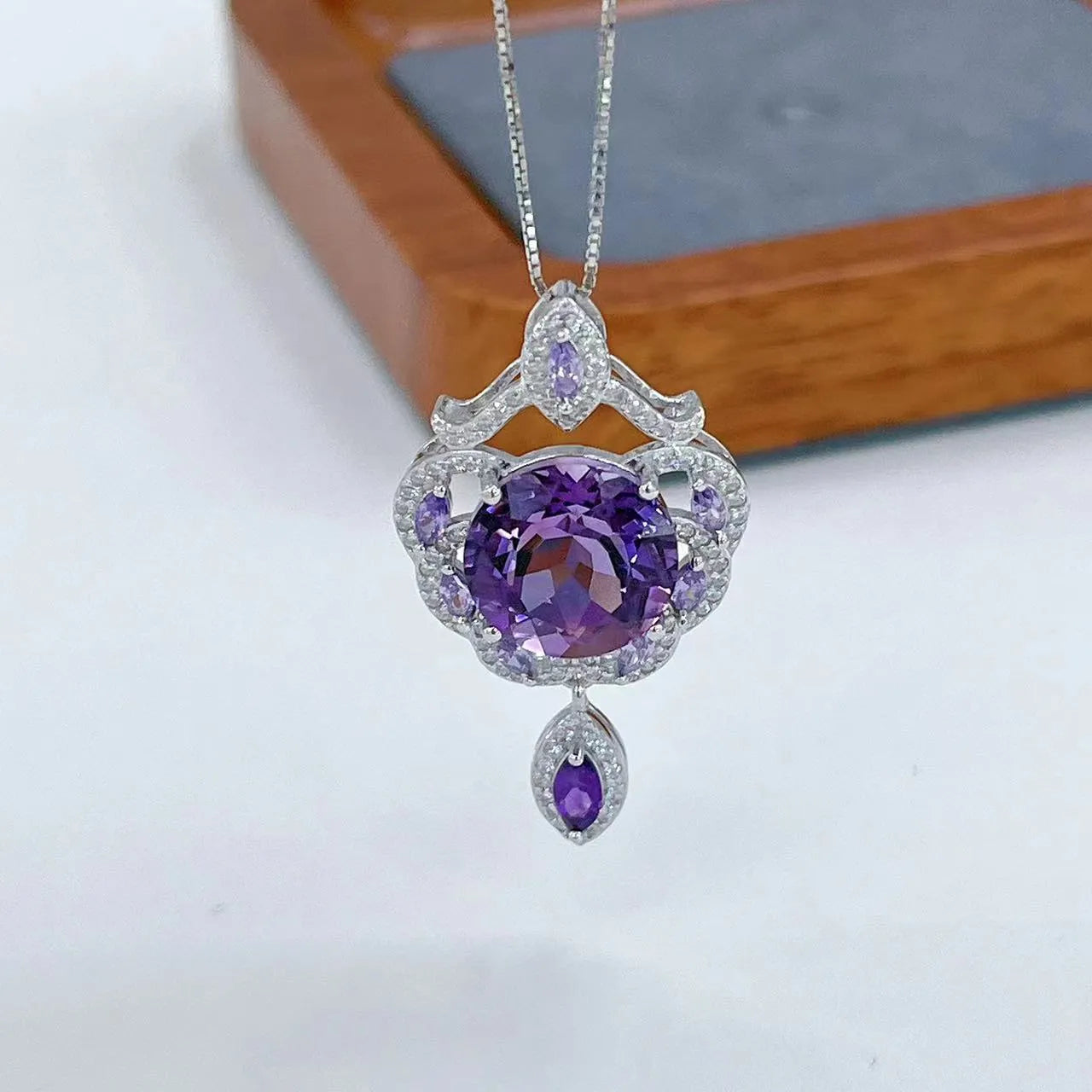 S925 sterling silver U-shaped pendant with platinum plating and purple amethyst stone