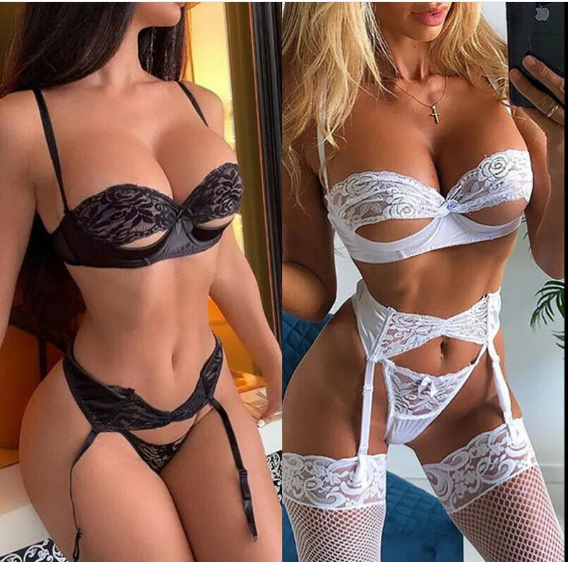 Sexy lingerie pajamas set in black with Asian sizing guide, available in sizes S to XL