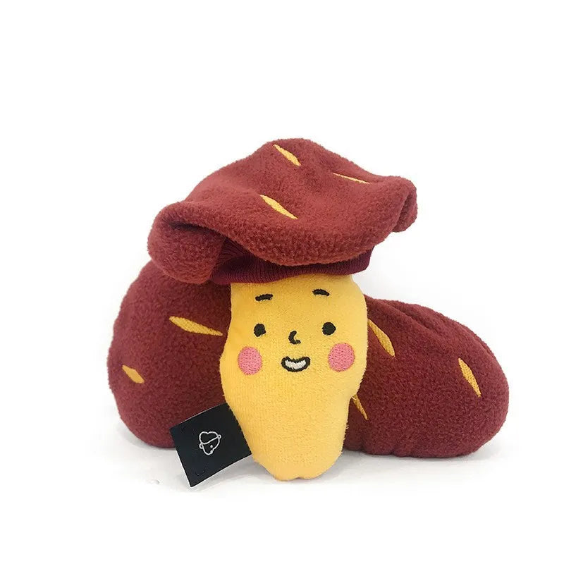 Red sweet potato shaped pet puzzle toy with hidden treat compartment and amusing face expression