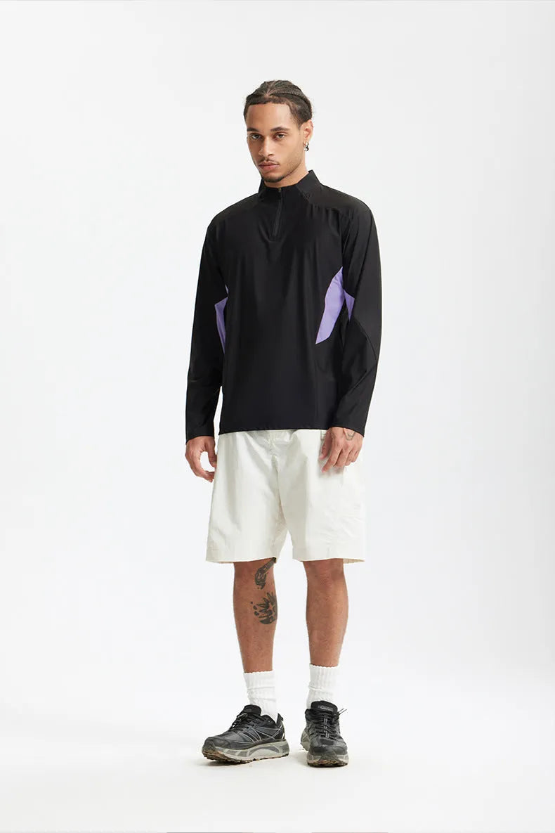Men's solid colour polyester top with stitching detail, shown in black and beige with long and short sleeve options.