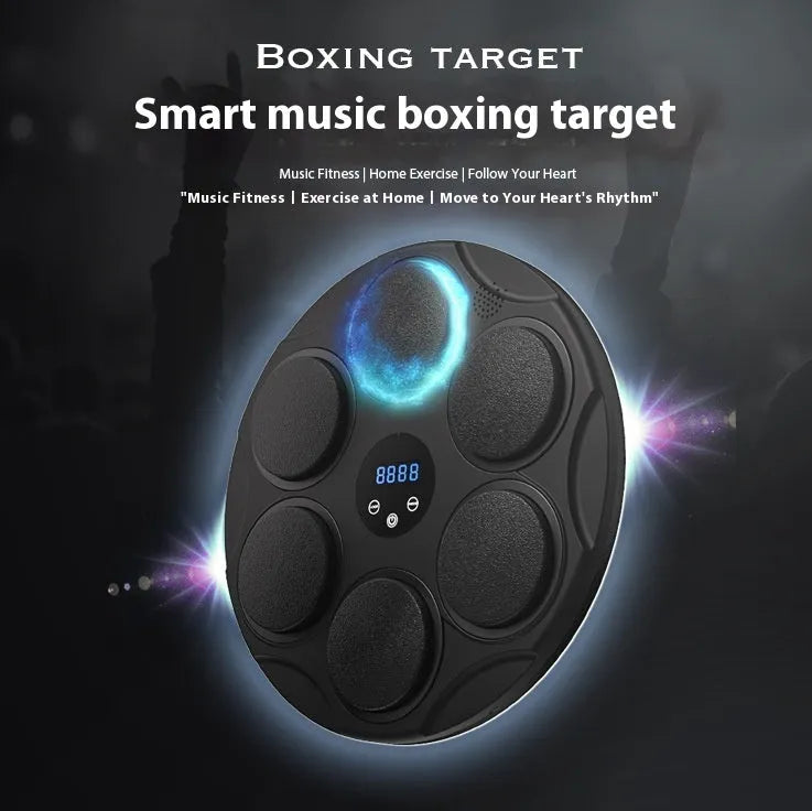 Smart Bluetooth boxing target with coloured lights on a black PU frame, hanging on a wall.