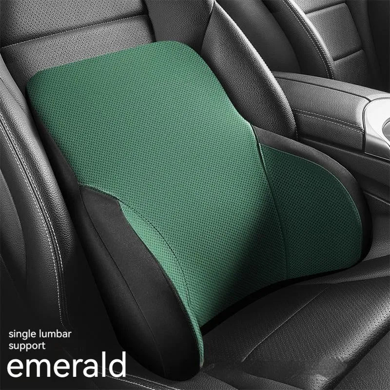 Black memory foam car headrest and lumbar support pillow set on a car seat