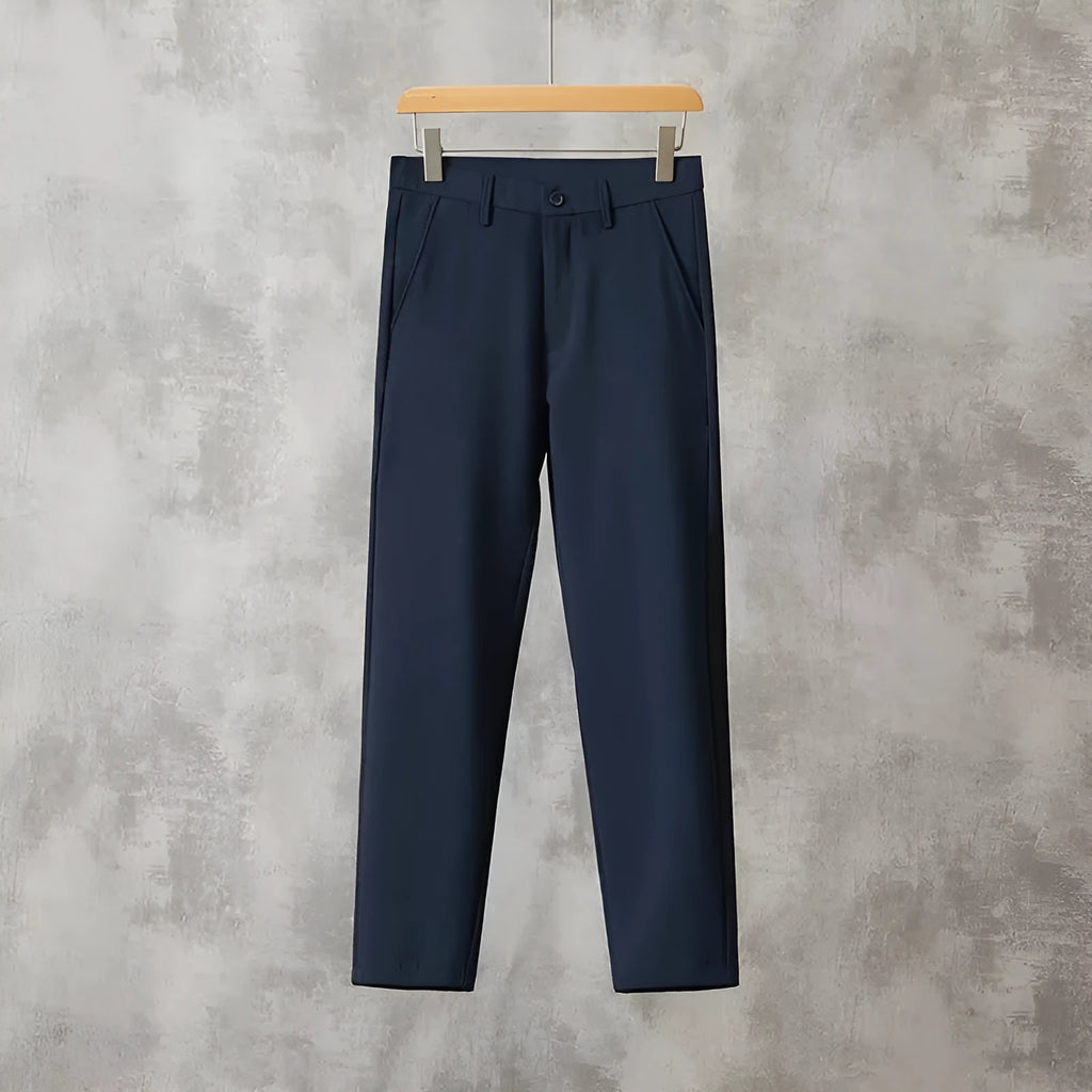 Men's slim-fit straight trousers in polyester, available in black, blue, khaki, dark gray, and light gray, sizes 27 to 38